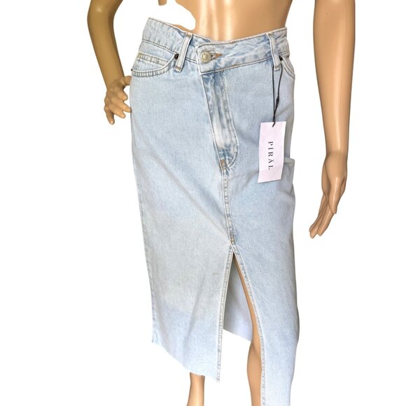 Light Blue Criss Cross Piral Denim Midi Skirt Size Small Front Slit WITH DEFECT - Picture 10 of 13